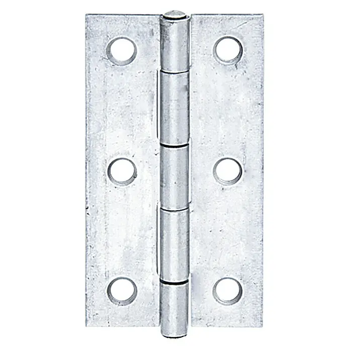 Stabilit Bisagra - 80 x 41 mm, Acero inoxidable - Primer plano de una bisagra de puerta plateada con seis orificios para el montaje. La bisagra es robusta y duradera.