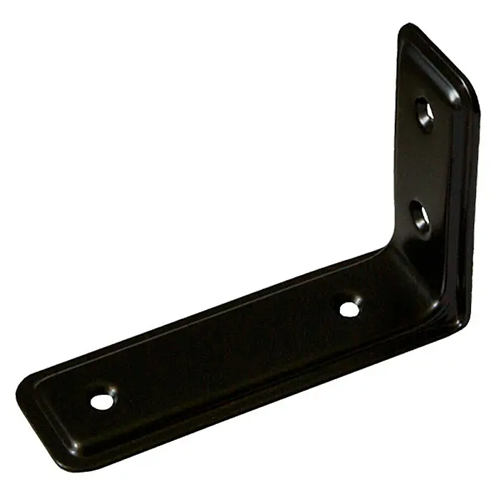 Stabilit Regalwinkel Design - 115 x 40 x 80 mm, Belastbarkeit: 30 kg, Schwarz - Dunkelbraune Winkelhalterung aus Metall mit Montagelöchern, ideal für Regale und Konstruktionen.