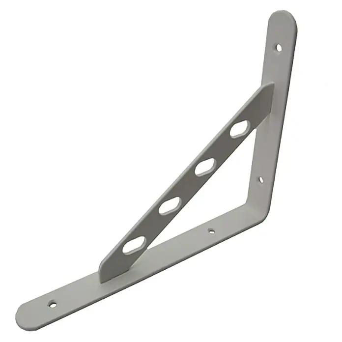 Stabilit Garderobenkonsole Alpha Line - 200 x 30 x 250 mm, Belastbarkeit: 200 kg, Stahl, Weiß - Ein weißer Regalträger aus Metall mit Verstrebung und Befestigungslöchern, ideal zur stabilen Anbringung von Regalböden.