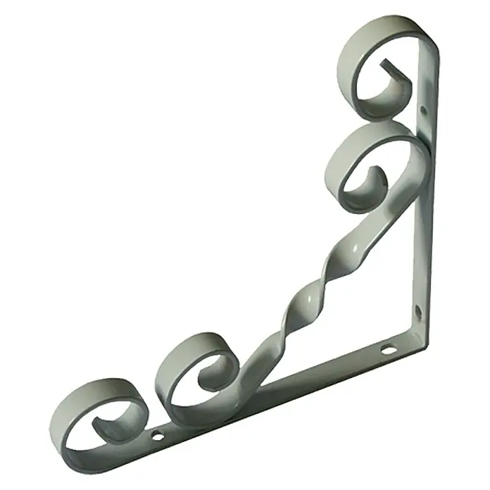 Stabilit Decor-Konsole - 150 x 150 mm, Belastbarkeit: 30 kg, Weiß - Nahaufnahme einer weißen, dekorativen Regalhalterung aus Metall mit geschwungenen Verzierungen und Befestigungslöchern.
