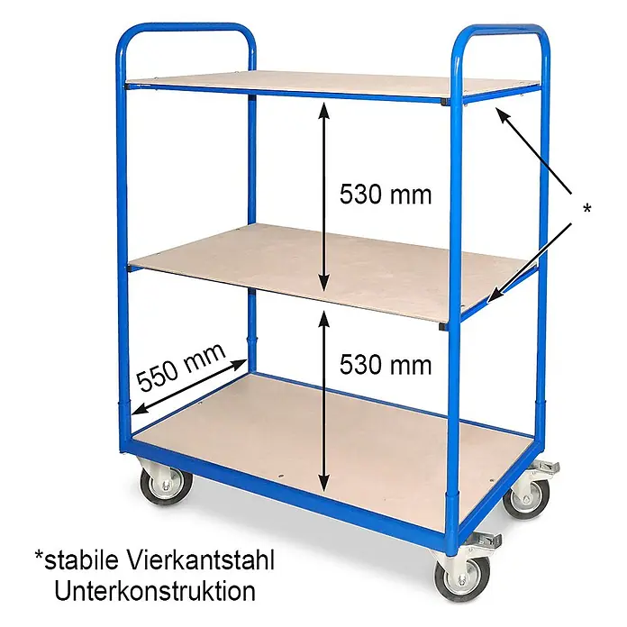 BRB Etagenwagen mit Mehreren Ebenen, BxTxH 1310x580x1545 mm, 4 Lenkrollen, 2 Rollen mit Feststellbremse - 3 Ebenen - Blauer dreistöckiger Rollwagen mit Holzablagen.