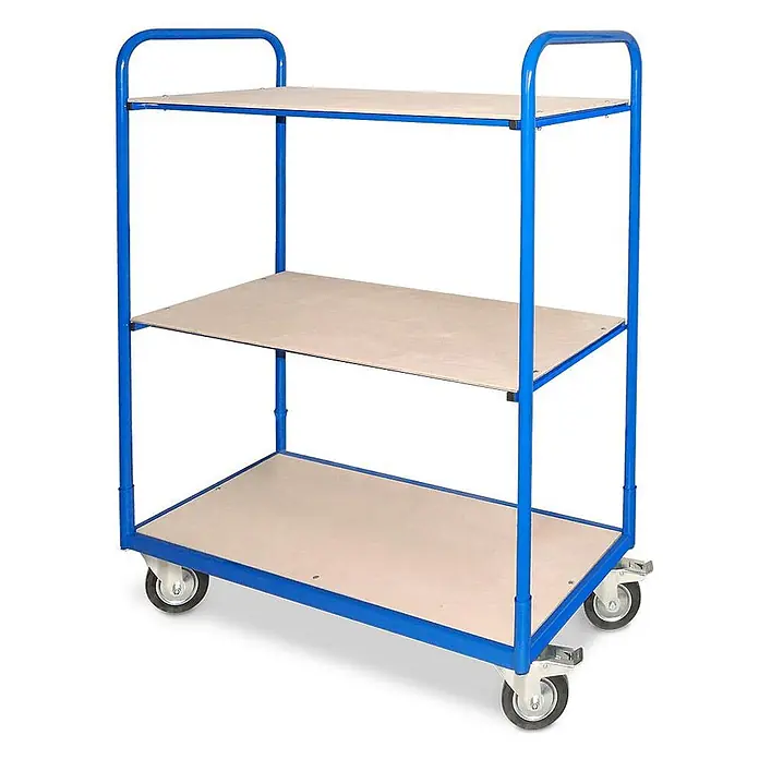 BRB Etagenwagen mit Mehreren Ebenen, BxTxH 1310x580x1545 mm, 4 Lenkrollen, 2 Rollen mit Feststellbremse - 3 Ebenen - Blauer Metallrahmenwagen mit drei beigen Holzablagen und Rollen.