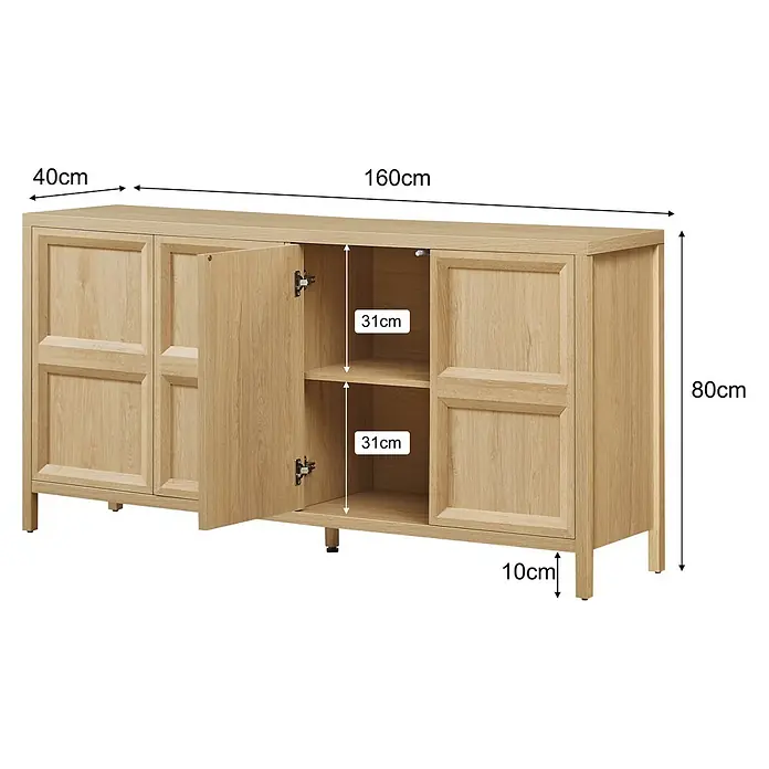 SONNENH Anrichte mit Drucköffnung, Helle Eichenoptik -  - Hellbraunes Sideboard aus Holz mit vier Türen, eine offen, zwei Innenablagen sichtbar. Maße: 160cm B x 80cm H x 40cm T.