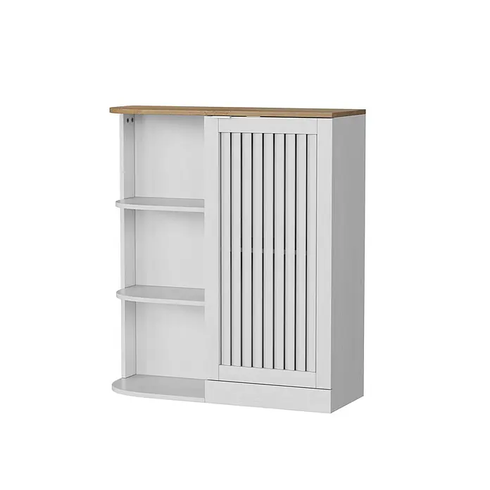 SONNENH Mehrzweckschrank mit offenen Fächern, Weiß/Eiche-Optik -  - Weißer Schrank mit Holzplatte, offenen Fächern und einer Lamellenschiebetür.