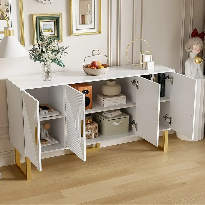 SONNENH Anrichte mit 4 Hochglanztüren und Goldakzenten, Weiß -  - Weißes Sideboard mit goldfarbenen Beinen und strukturierten Türen, bietet stilvollen Stauraum in einem modernen Wohnbereich.