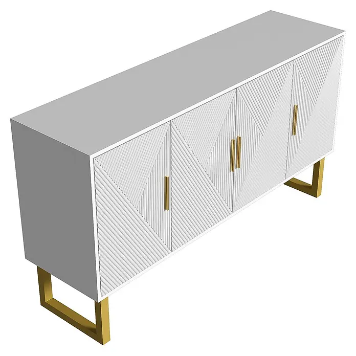 SONNENH Anrichte mit 4 Hochglanztüren und Goldakzenten, Weiß -  - Weißes Sideboard mit geometrisch strukturierten Türen, goldenen Griffen und goldenen Metallbeinen.
