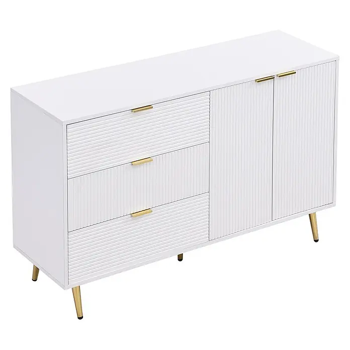 SONNENH Anrichte mit Rillenfront und 3 Schubladen, Weiß/Gold -  - Weißes Sideboard mit gerillten Schubladen und Türen, ausgestattet mit goldenen Griffen und konischen goldenen Beinen.