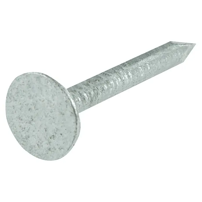 Dachpapp-Stifte - Ø x L: 2,5 x 25 mm, 400 g - Nahaufnahme eines einzelnen verzinkten Dachnagels mit großem, flachem Kopf und spitzer Spitze.