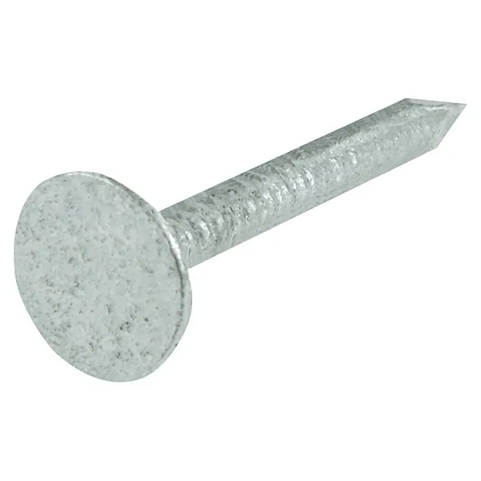 Suki Dachpapp-StifteØ x L: 2,8 x 30 mm, Feuerverzinkt, Stahl, 2,5 kg - Nahaufnahme eines einzelnen verzinkten Dachnagels mit großem, flachem Kopf und spitzer Spitze.