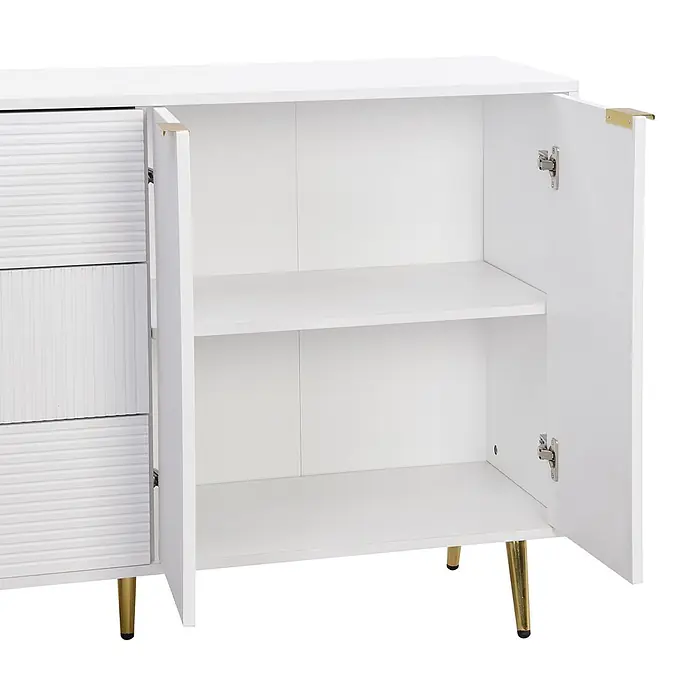 SONNENH Anrichte mit Rillenfront und 3 Schubladen, Weiß/Gold -  - Weißes Sideboard mit geriffelten Schubladen, offenem Schrankfach mit Regal und goldenen Beinen und Griffen.