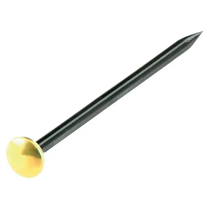 Stabilit StahlnagelLänge: 25 mm, Gebläut, 16 Stk. - Nahaufnahme einer Reißzwecke mit goldenem Kopf und schwarzem Stift auf weißem Hintergrund.