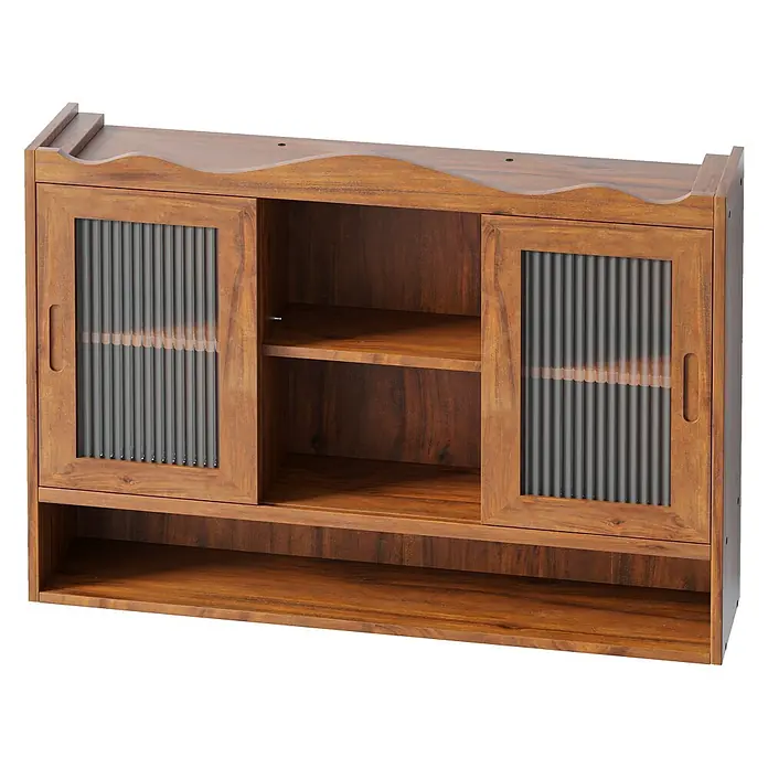 SONNENH Wand-Mehrzweckschrank mit 2 Schiebetüren, Braun -  - Braunes Wandregal aus Holz mit zwei Schiebetüren aus geriffeltem Glas und offenen Ablagen.