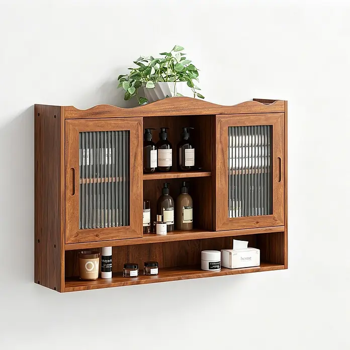 SONNENH Wand-Mehrzweckschrank mit 2 Schiebetüren, Braun -  - Wandmontierter dunkler Holzschrank mit geriffelten Glasschiebetüren, offenen Ablagen und einer Pflanze oben.