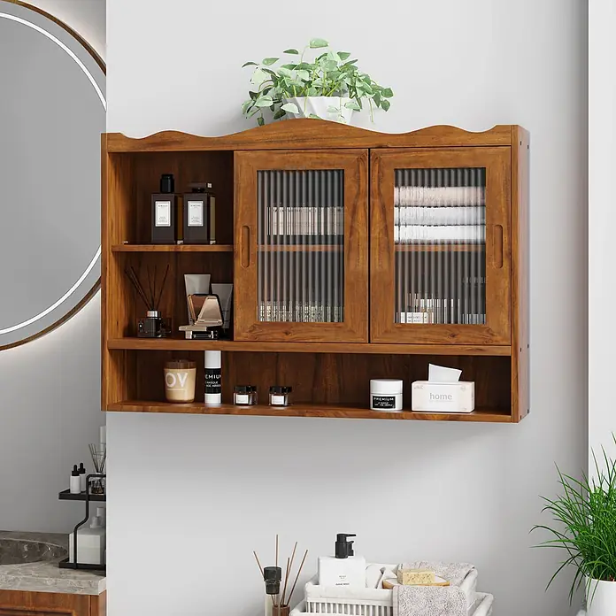 SONNENH Wand-Mehrzweckschrank mit 2 Schiebetüren, Braun -  - Holz-Wandschrank mit geriffelten Glastüren und offenen Fächern, ideal für Badaufbewahrung.