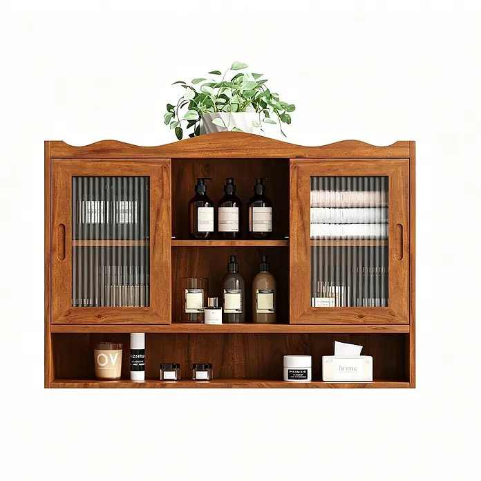 SONNENH Wand-Mehrzweckschrank mit 2 Schiebetüren, Braun -  - Brauner Wandschrank aus Holz mit Pflanze oben, gerillten Glasschiebetüren, offenen Regalen und Badutensilien.