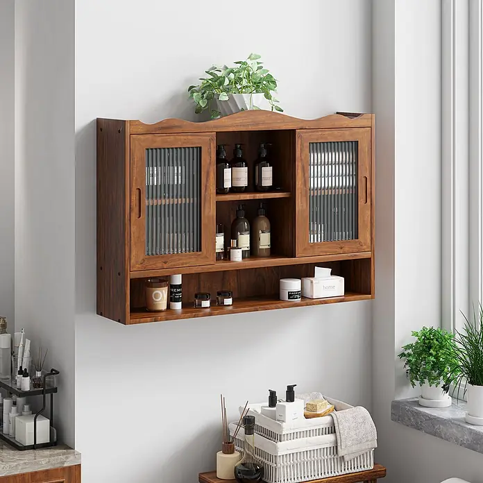 SONNENH Wand-Mehrzweckschrank mit 2 Schiebetüren, Braun -  - Dunkler Holz-Wandschrank mit geriffelten Glastüren, offenen Fächern und Ablage für Badartikel.