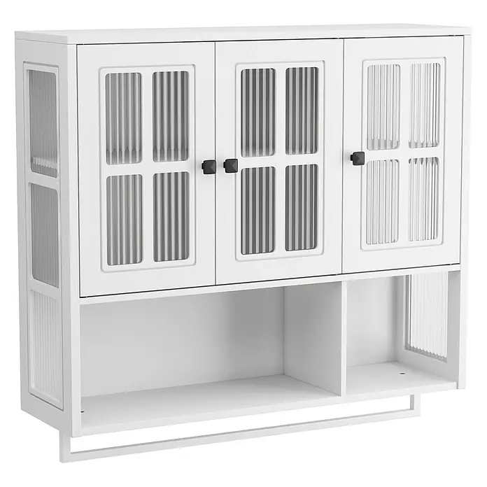 SONNENH Wandschrank mit 3 Riffelglastüren, Weiß -  - Weißer Wandschrank mit drei Türen aus Riffelglas, offenen Regalen und einer Handtuchstange.