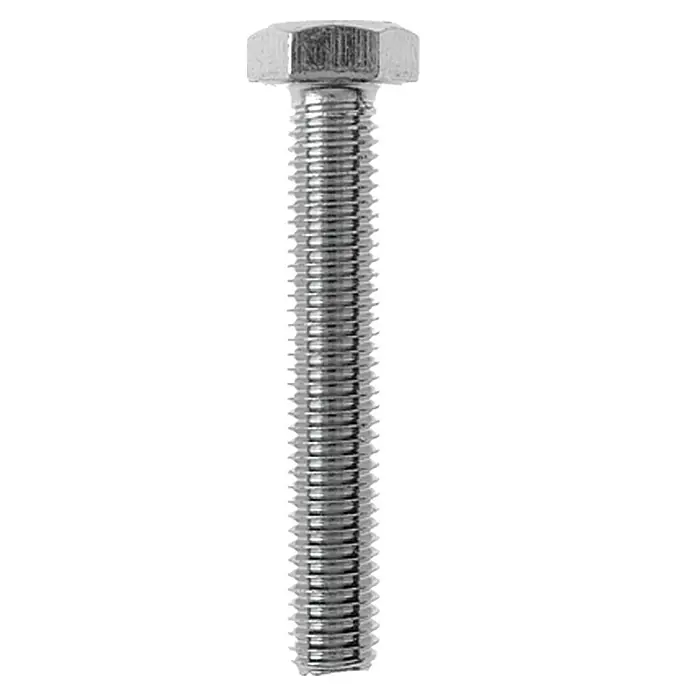 Profi Depot Sechskant-Gewindeschraube - Ø x L: 8 x 20 mm, 50 Stk., Verzinkt, Sechskantkopf, Vollgewinde - Nahaufnahme einer silbernen Sechskantschraube mit durchgehendem Gewinde, die auf einem weißen Hintergrund isoliert ist.