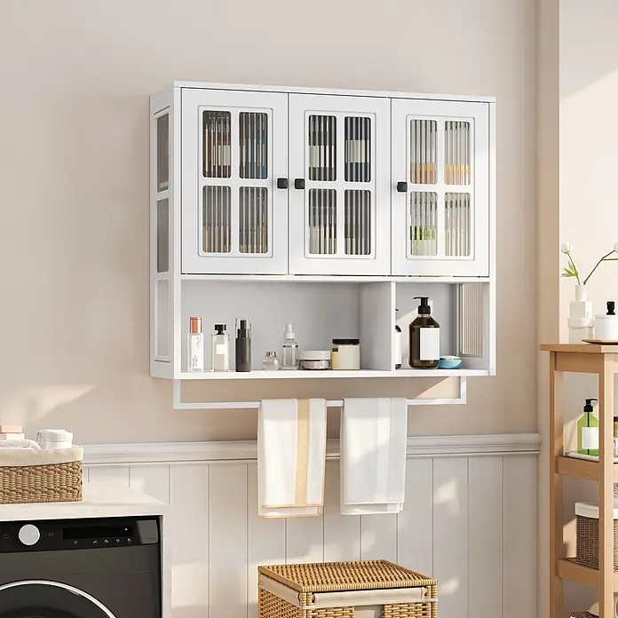 SONNENH Wandschrank mit 3 Riffelglastüren, Weiß -  - Weißer Badezimmer-Wandschrank mit gerillten Glastüren, offener Ablage und Handtuchstange für die Aufbewahrung.