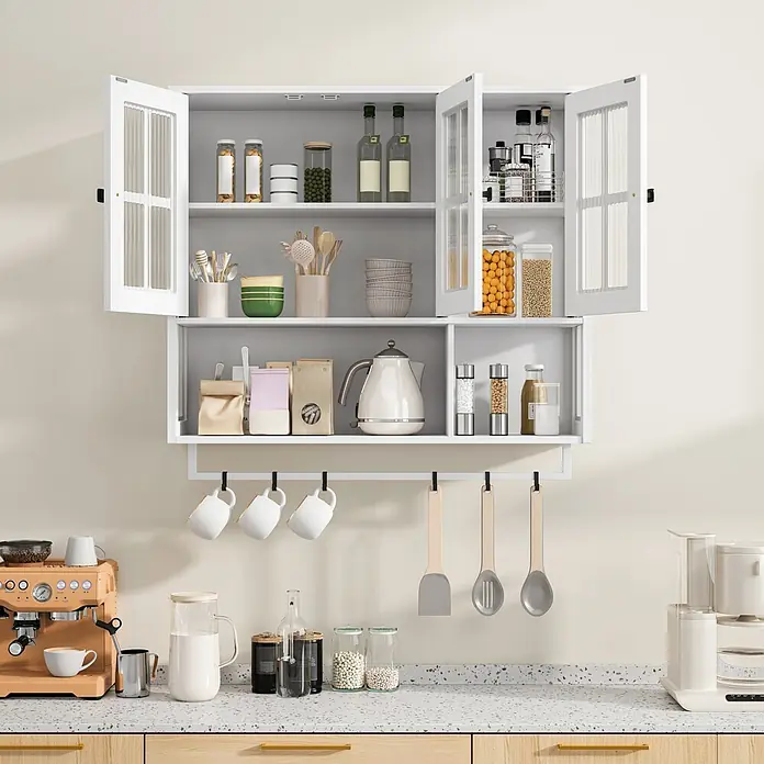 SONNENH Wandschrank mit 3 Riffelglastüren, Weiß -  - Weißer Küchenwandschrank mit Glastüren, offenen Regalen und unteren Haken für Tassen und Utensilien.