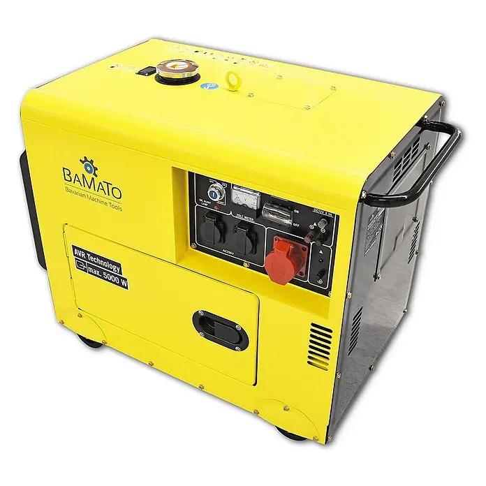 BAMATO Diesel-Stromerzeuger BGE-5000D 5000W 400V/230V Elektrostart -  - Gelber tragbarer Stromerzeuger mit Bedienfeld, Steckdosen, Voltmeter und "BAMATO"-Branding, max. 5000 W Leistung.