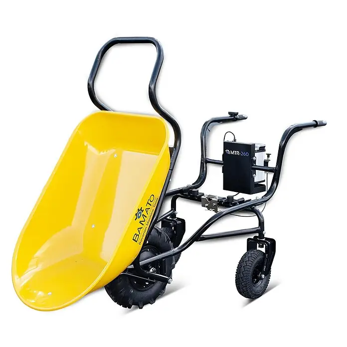 BAMATO Elektrische Schubkarre MTR-260 280W 100L 5h Laufzeit -  - Gelbe BAMATO MTR-260 Elektro-Schubkarre mit schwarzem Gestell, Reifen und 'Bavarian Machine Tools' Schriftzug.