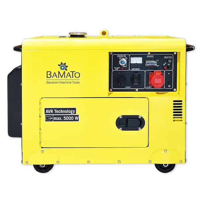 BAMATO Diesel-Stromerzeuger BGE-5000D 5000W 400V/230V Elektrostart -  - Gelber BAMATO Metallgenerator mit Bedienfeld, AVR Technologie und max. 5000W Leistung.