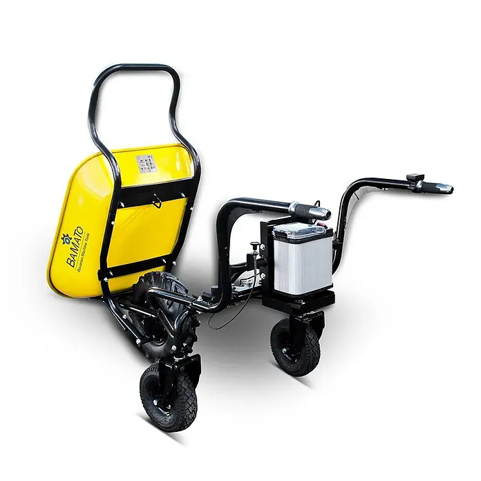 BAMATO Elektrische Schubkarre MTR-260 280W 100L 5h Laufzeit -  - Gelbe elektrische Schubkarre mit schwarzem Rahmen und drei Rädern, ausgestattet mit Batterie und Lenker für einfache Manövrierbarkeit.
