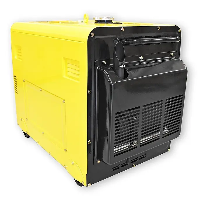 BAMATO Diesel-Stromerzeuger BGE-5000D 5000W 400V/230V Elektrostart -  - Gelber und schwarzer tragbarer Generator mit Tankdeckel, Auspuffrohr und Lüftungsschlitzen.