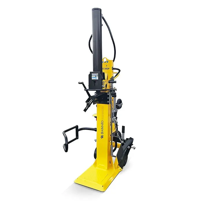 BAMATO Holzspalter HO-30EP 30t Elektro & Zapfwelle 1100mm -  - Ein gelber vertikaler Holzspalter mit schwarzen Funktionsteilen, inklusive Bedienfeld und Spaltkeil.