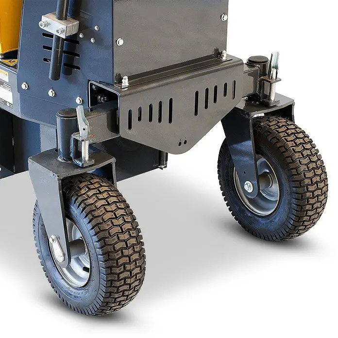 BAMATO Mini-Transporter MTR-500REPRO Elektro & Kipphydraulik -  - Zwei dunkelgraue, robuste Räder an Schwenkrollen, befestigt an einem dunkelgrauen Metallgehäuse mit Lüftungsschlitzen.
