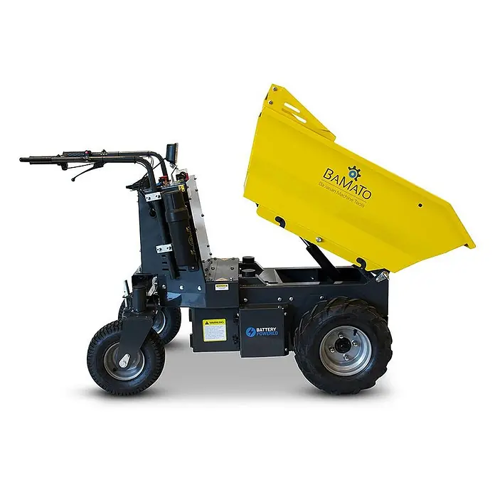 BAMATO Mini-Transporter MTR-500REPRO Elektro & Kipphydraulik -  - Dunkelgrauer, akkubetriebener Minidumper mit gelb gekippter Ladefläche zum Materialtransport.