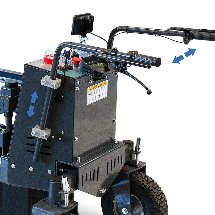 BAMATO Mini-Transporter MTR-500REPRO Elektro & Kipphydraulik -  - Nahaufnahme der verstellbaren schwarzen Lenker, des Bedienfelds mit Tasten, eines Hebels und eines Warnhinweises einer Maschine.
