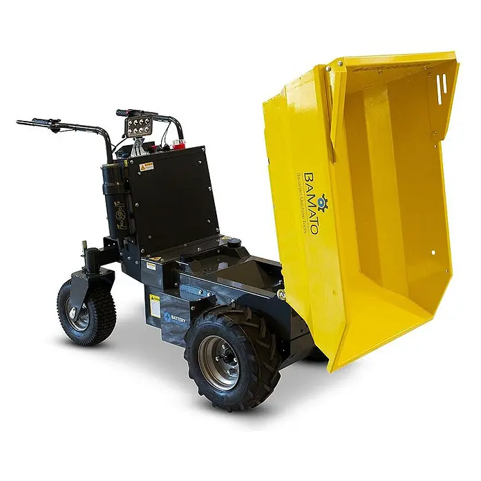 BAMATO Mini-Transporter MTR-500REPRO Elektro & Kipphydraulik -  - Gelb-schwarzer elektrischer Minidumper mit angehobener Mulde, beschriftet 'BAMATO'. Akkubetriebene Motor-Schubkarre zum Materialtransport.