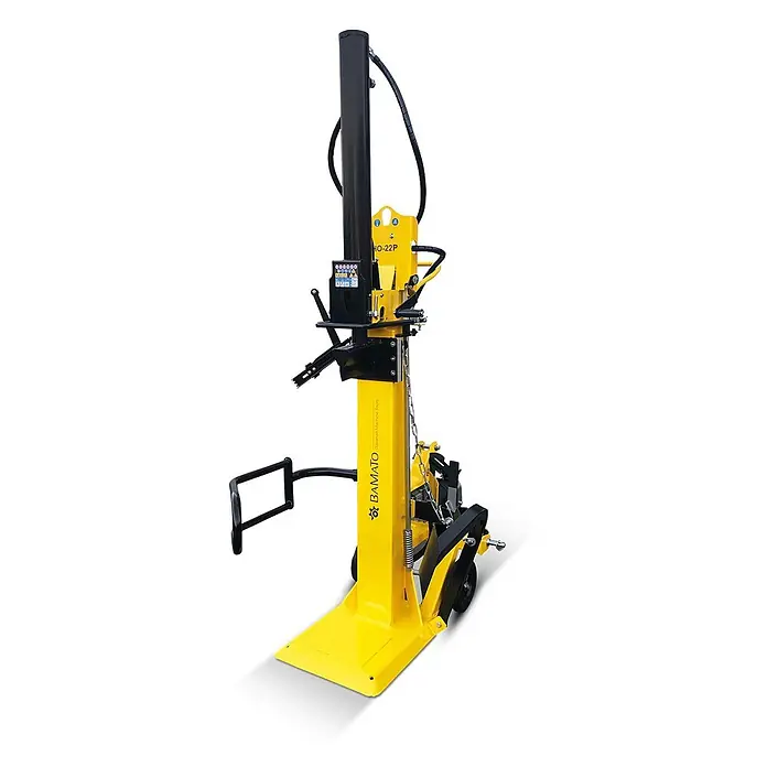 Bamato Holzspalter HO-22P mit Zapfwellenantrieb - 22.000 kg, Max. Spaltgutlänge: 110 cm - Gelber und schwarzer BAMATO HO-22P vertikaler Holzspalter auf Rädern.