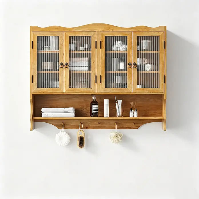 SONNENH Wand-Mehrzweckschrank mit 4 Glastüren, Natur -  - Wandmontierter Badezimmerschrank aus hellem Holz mit geriffelten Glas, offener Ablage für Toilettenartikel und Haken für Badezubehör.
