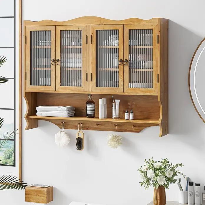SONNENH Wand-Mehrzweckschrank mit 4 Glastüren, Natur -  - Heller hölzerner Wandschrank mit geriffelten Glastüren und Ablage mit Haken für Badutensilien.