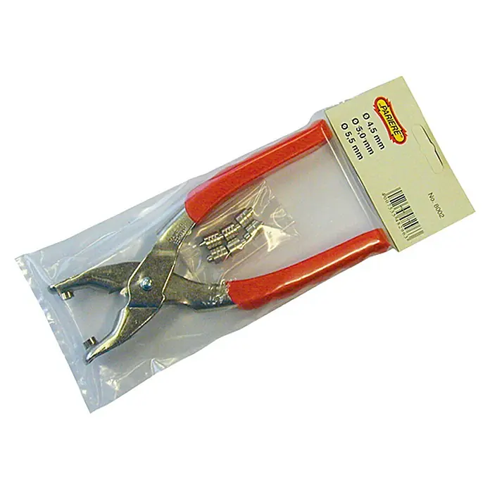 Pariere Ösenzange - Stahl, 7 -tlg. - Nahaufnahme einer verpackten Lochzange mit rotem Griff und dazugehörigen Ösen.