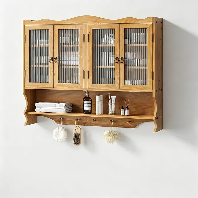 SONNENH Wand-Mehrzweckschrank mit 4 Glastüren, Natur -  - Helles Holz-Wandschrank mit Riffelglas-Türen, offener Ablage und Haken, für Badezimmerartikel und Handtücher.