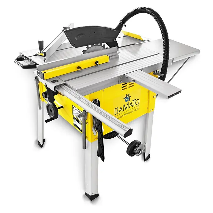 BAMATO Tischkreissäge BTS-315 230V 2000W 315mm Sägeblatt -  - Gelbe und silberne Tischkreissäge mit Sägeblatt, Staubschlauch und verstellbarem Anschlag auf einem Ständer.