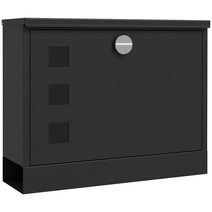 Homcom Wandbriefkasten 1-teilig -  - Schwarzer texturierter Metall-Aufbewahrungsschrank mit drei quadratischen Ausschnitten und einem silbernen Knopf.