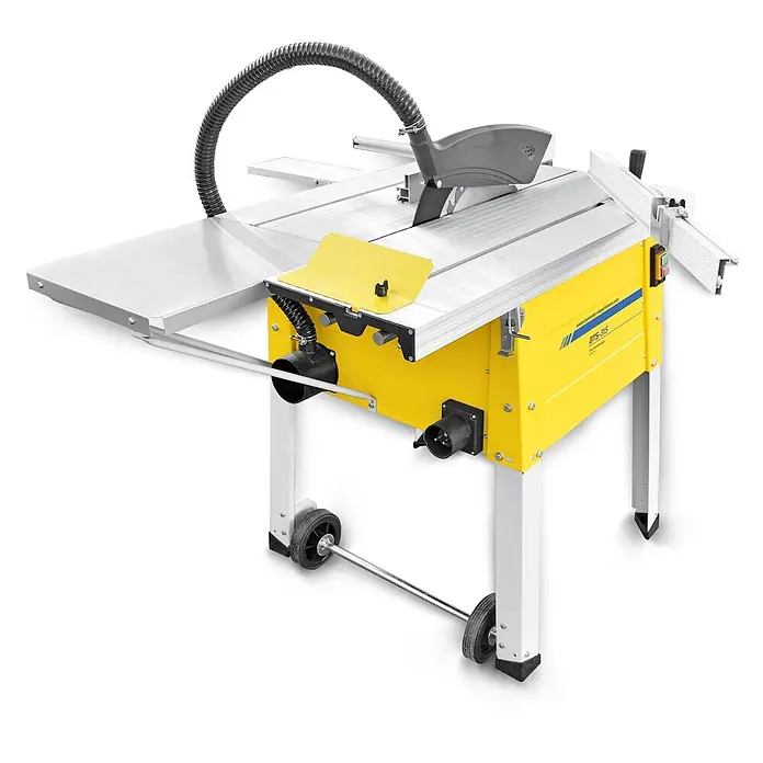 BAMATO Tischkreissäge BTS-315 230V 2000W 315mm Sägeblatt -  - Eine gelb-silberne mobile Tischkreissäge mit schwarzem Absaugschlauch, Sägeblattschutz und Verlängerungstischen zum Holzzuschnitt.
