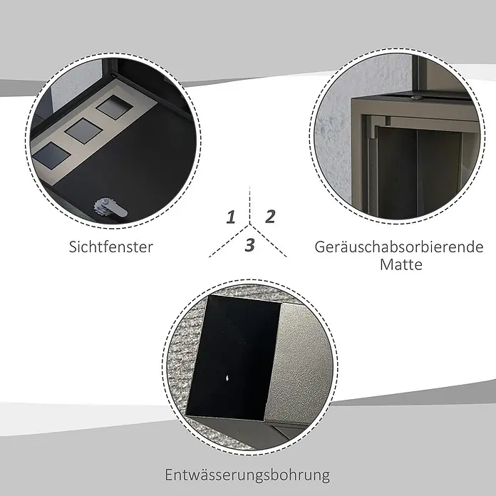 Homcom Wandbriefkasten 1-teilig -  - Drei Detailansichten eines Paketschranks: Sichtfenster, schallabsorbierende Matte und Ablaufloch.
