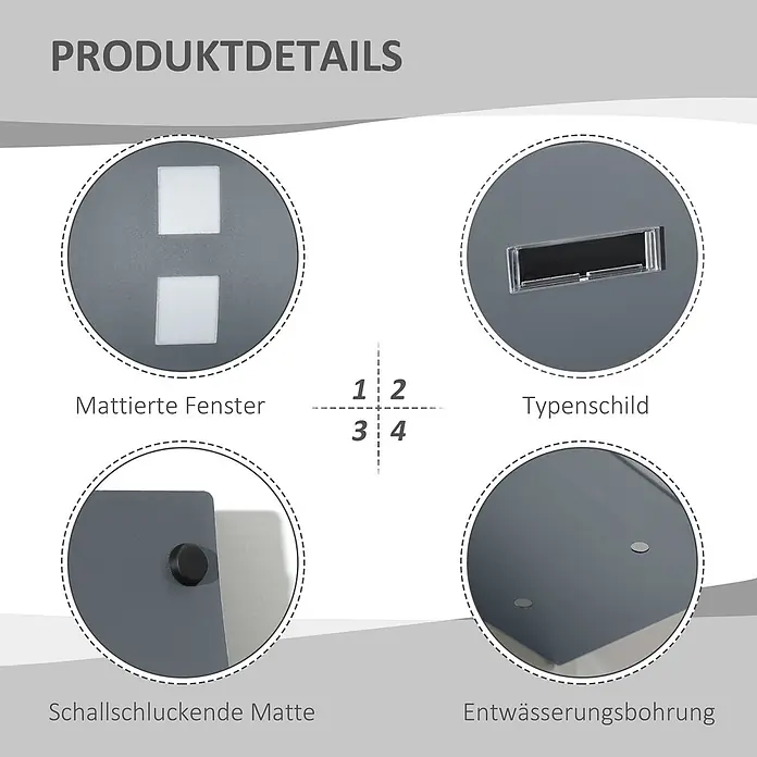 HOMCOM-Briefkasten-32L x 10B x 45H cm-Dunkelgrau -  - Nahaufnahmen eines grauen Metallprodukts mit mattierten Fenstern, Typenschildfach, schalldämmender Matte und Entwässerungsbohrungen.