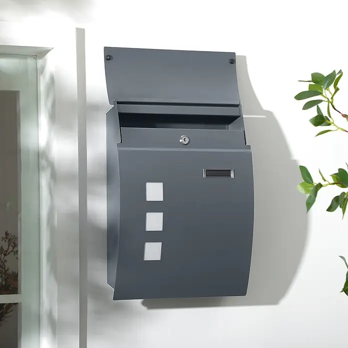 HOMCOM-Briefkasten-32L x 10B x 45H cm-Dunkelgrau -  - Moderner dunkelgrauer Metallbriefkasten mit geöffneter Klappe, Schloss und Sichtfenstern.