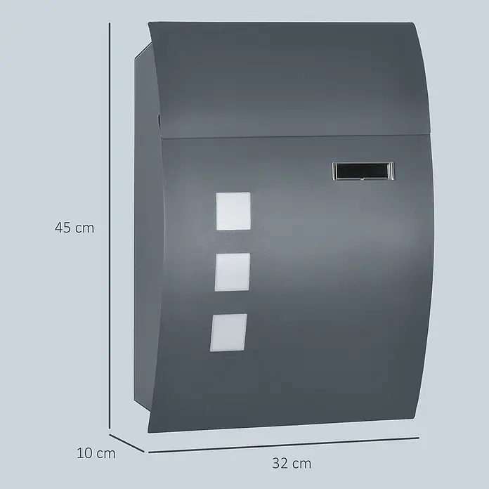 HOMCOM-Briefkasten-32L x 10B x 45H cm-Dunkelgrau -  - Grauer Briefkasten mit Sichtfenstern, 45 cm hoch, 32 cm breit und 10 cm tief.