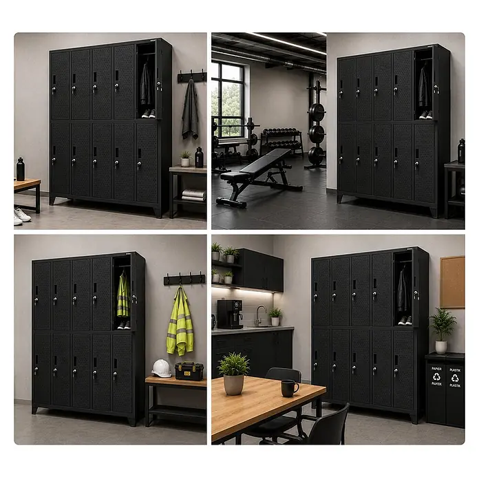 Jan Nowak Spind - H x B x T: 172 x 136 x 45 cm, Schwarz - Großer schwarzer Metallschrank mit mehreren Türen, in Fitnessstudio, Küche und Werkstatt zur Aufbewahrung gezeigt.