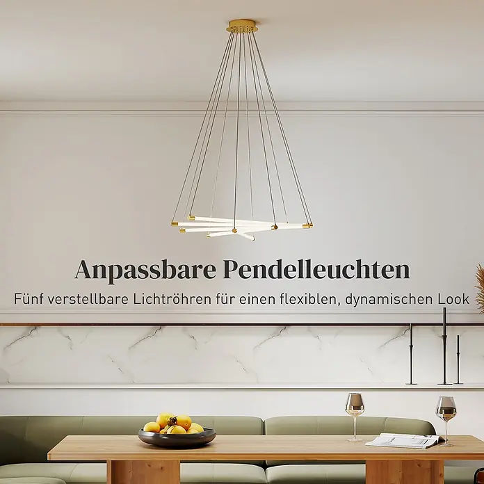 HOMCOM-Hängelampe-Ø82 x 124H cm-Gold+Weiß -  - Anpassbare Pendelleuchte mit fünf verstellbaren Lichtröhren in Gold und Weiß, über einem Esstisch.