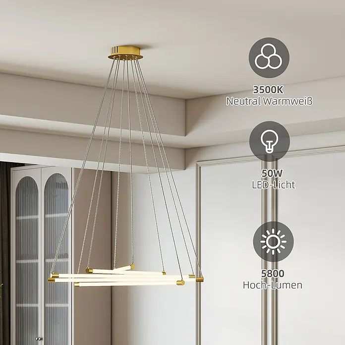 HOMCOM-Hängelampe-Ø82 x 124H cm-Gold+Weiß -  - Moderne goldfarbene LED-Hängeleuchte mit linearen Lichtröhren, die in einem stilvollen Raum hängt.