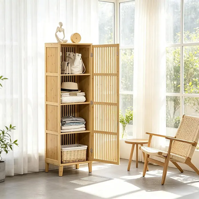 SONNENH Bambus-Hochschrank mit Lamellentür, Natur -  - Naturfarbener Bambus-Stauschrank mit Regalböden und einer Lamellentür, gefüllt mit Gegenständen, in einem hellen Raum.